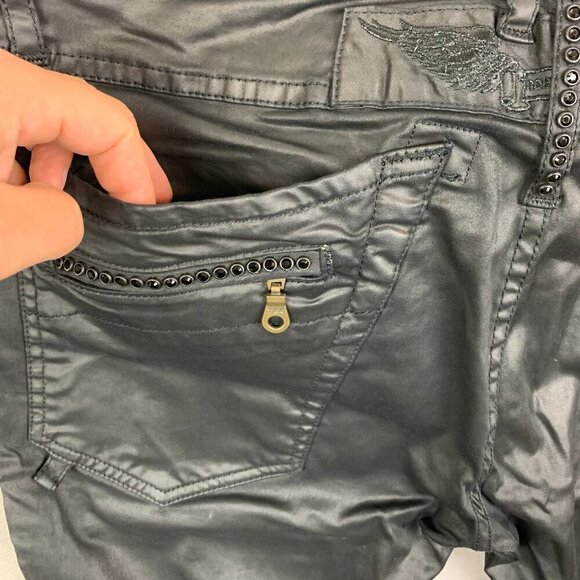 Robins Jean Men Pants 32x30 Black Studded Jeans Slim Fake Leather Motard Biker - Picture 15 of 16